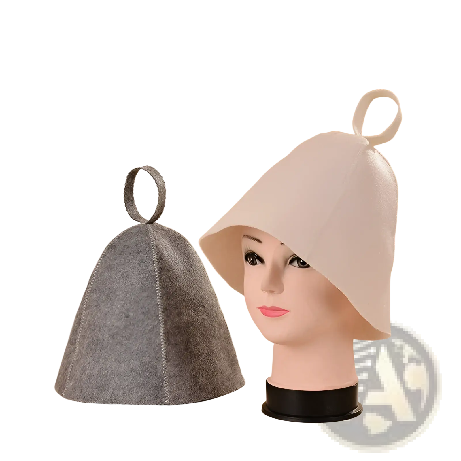 White felt sauna bath hat with stitched seams and looped handle designed for sweating cap use in bath settings