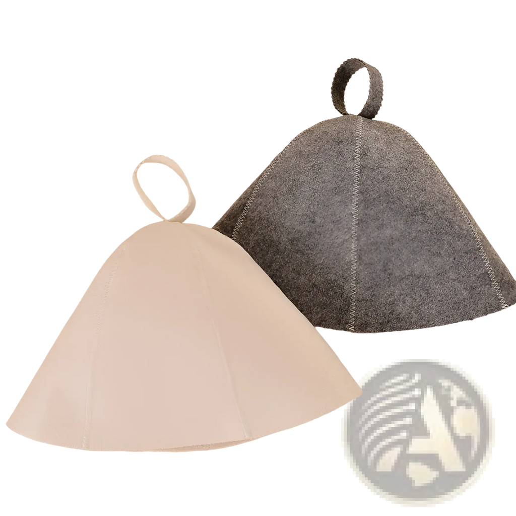 Gray and white felt bath caps with looped handles designed as sauna felt hats for sweating and bath headwear use