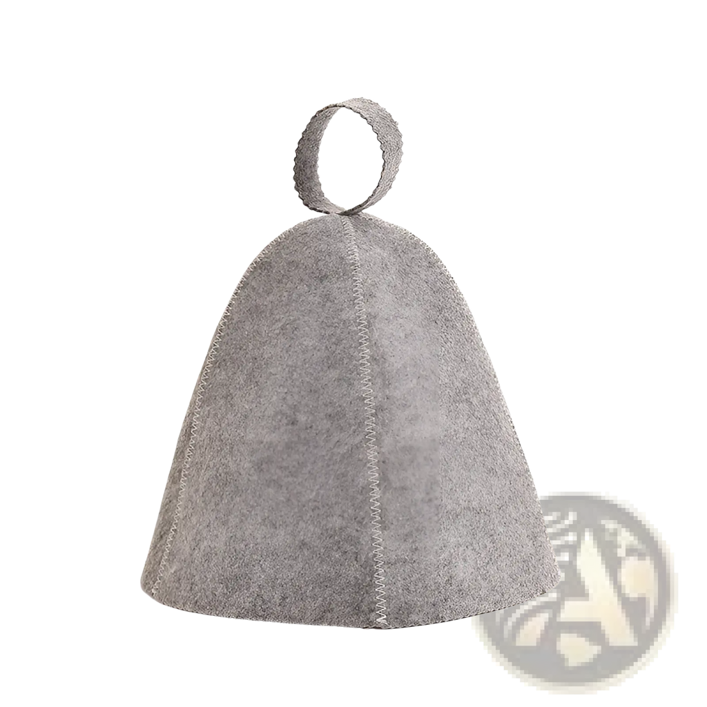 Gray felt bell-shaped sauna felt hat with looped handle and visible stitching for bath headwear use