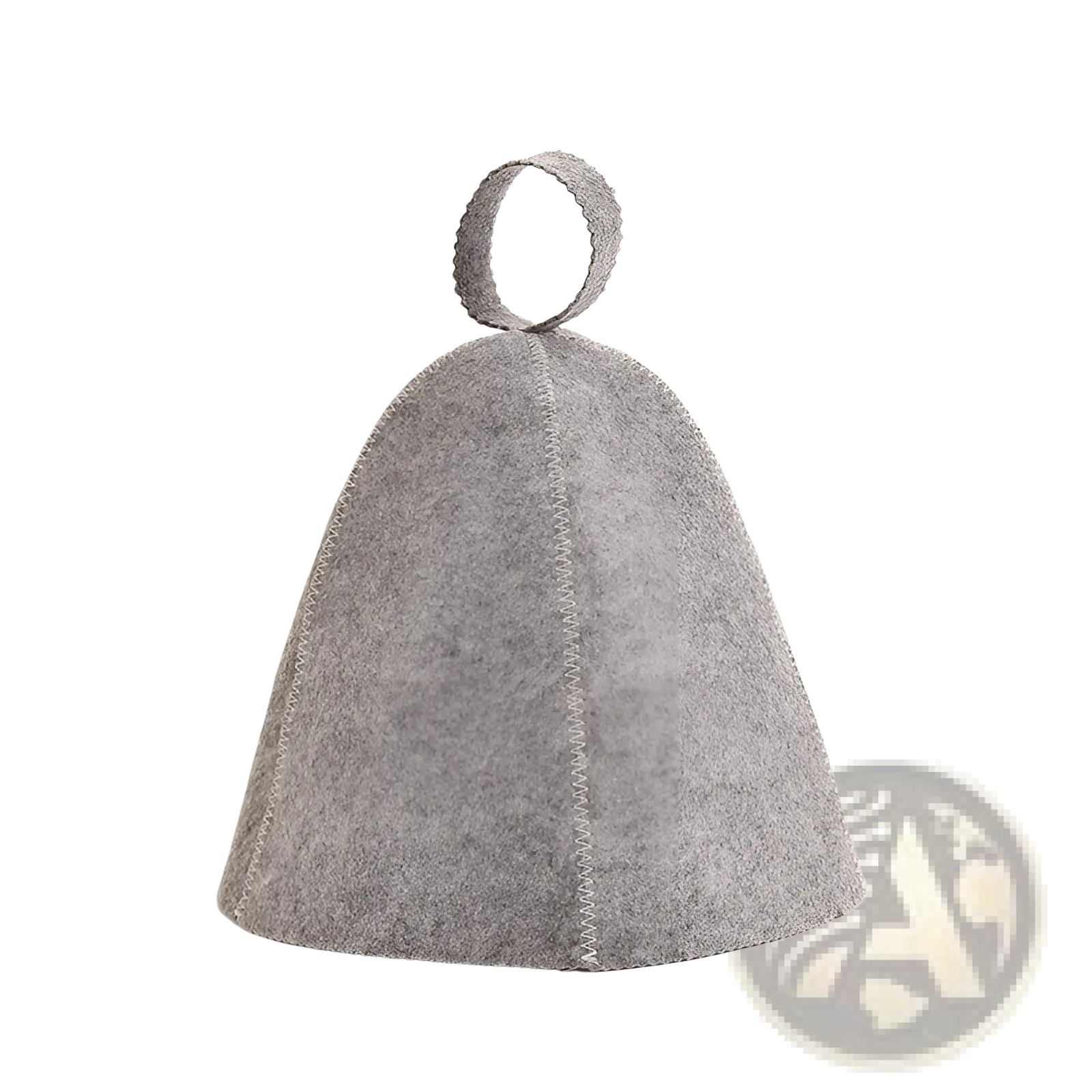 Gray felt bell-shaped sauna felt hat with looped handle and visible stitching for bath headwear use
