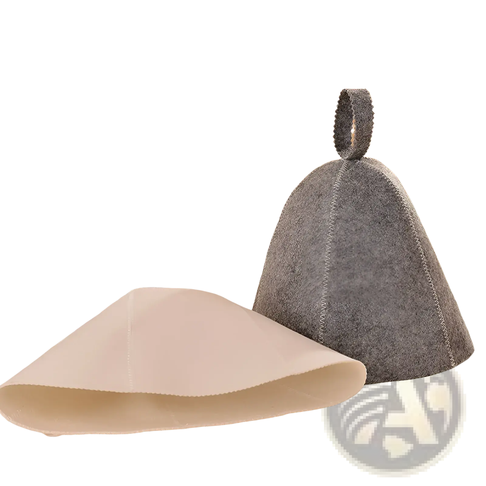 Gray felt sauna hat with looped handle and stitched seams designed as a white sweating cap for bath headwear