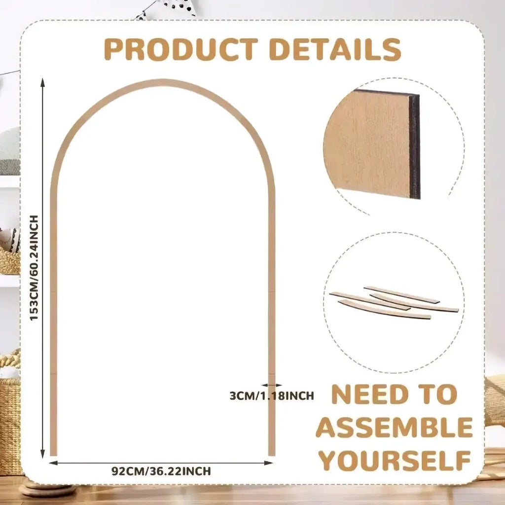 Arched wooden mirror frame in light brown with dark backing and metal strip assembly for scalloped wood wall arch diy decor trim