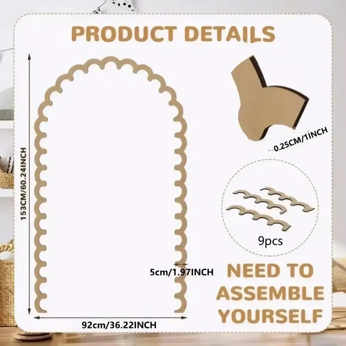 Beige scalloped wood wall arch diy decor trim kit with 9 interlocking cardboard pieces for assembly