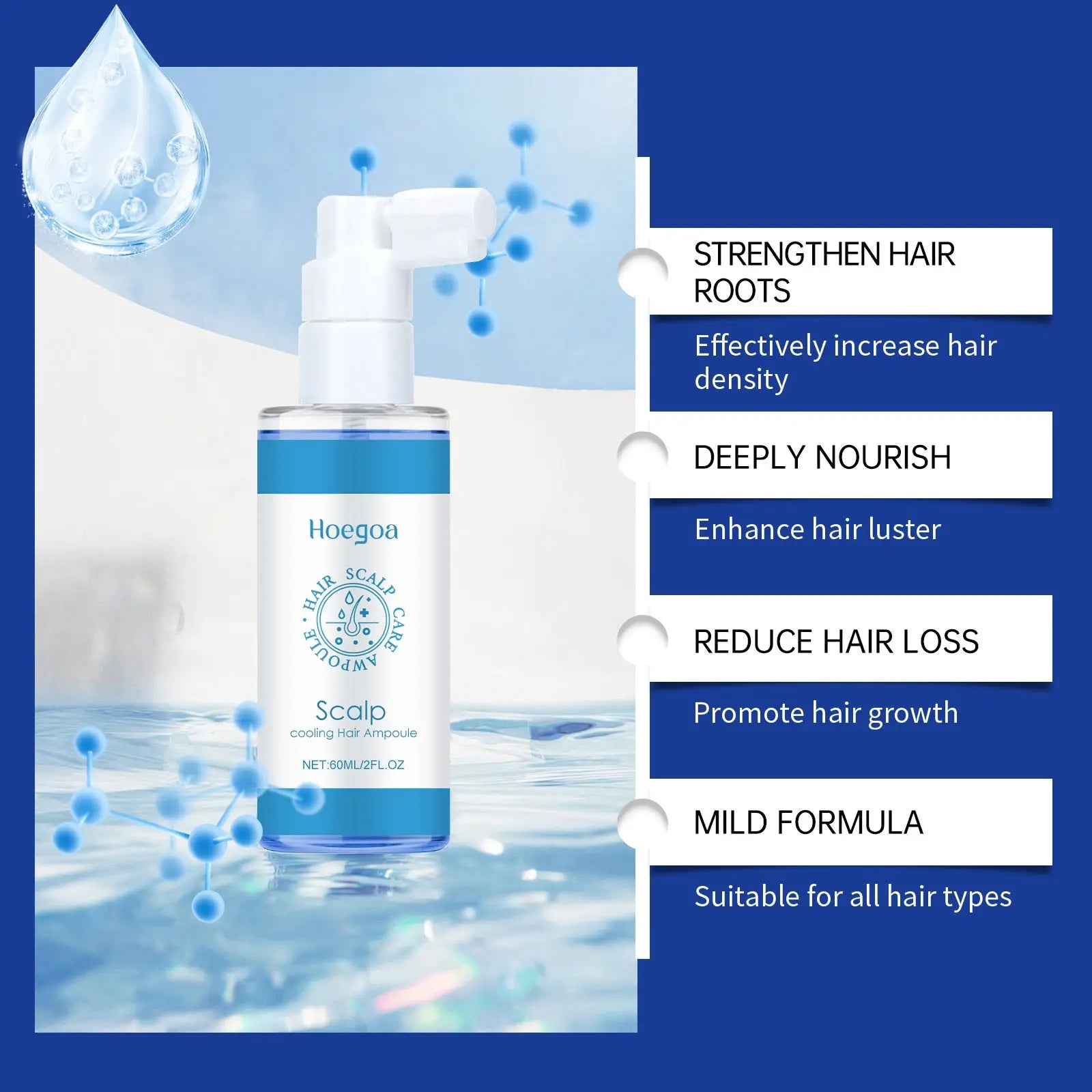 A clear glass bottle with white spray nozzle and blue label containing hoegoa scalp cooling hair ampoule 60ml