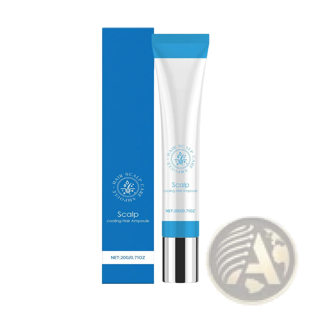 Blue and white tube of scalp cooling hair ampoule vitamin b5 repairing essence with silver cap for hair care