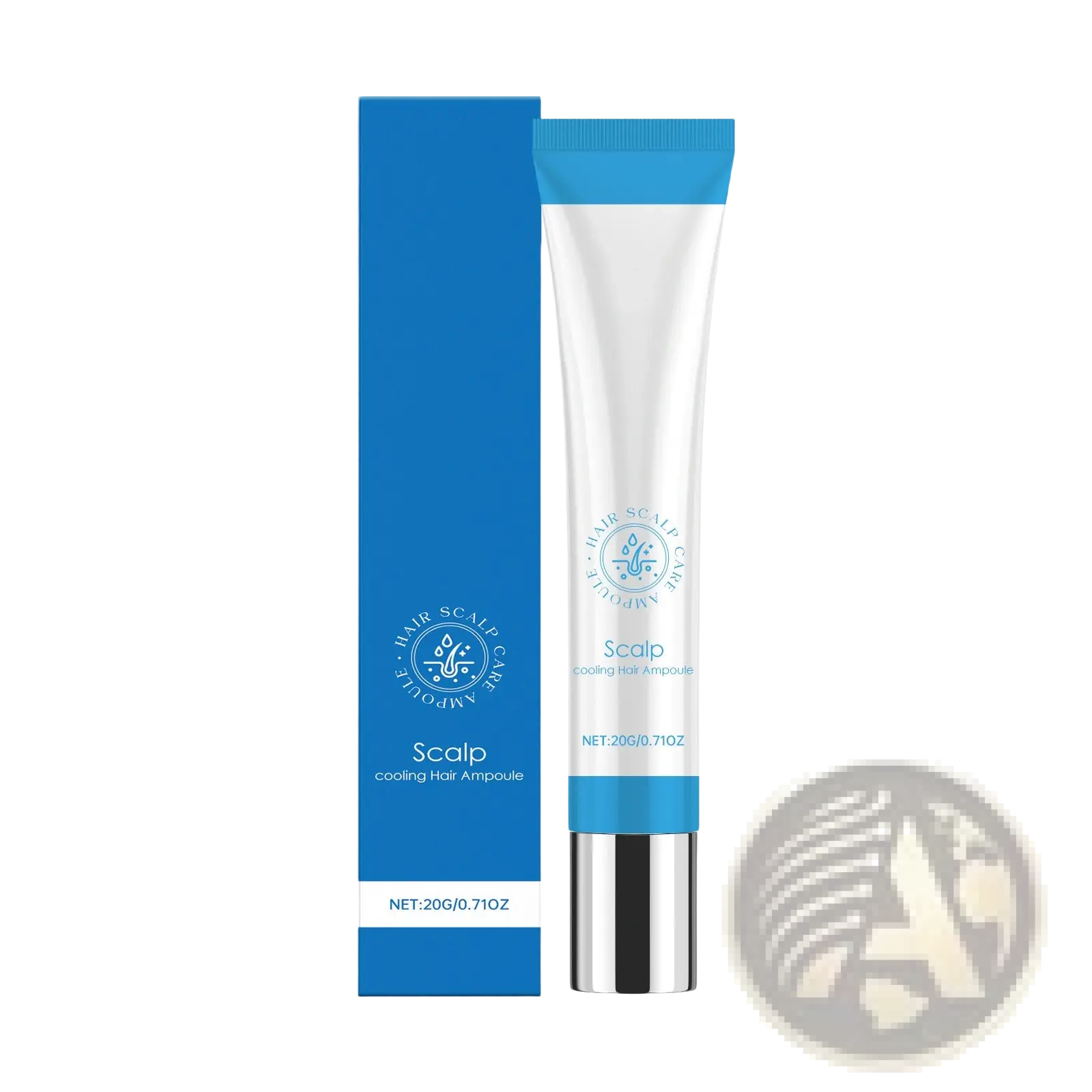 Blue and white tube of scalp cooling hair ampoule vitamin b5 repairing essence with silver cap for hair care