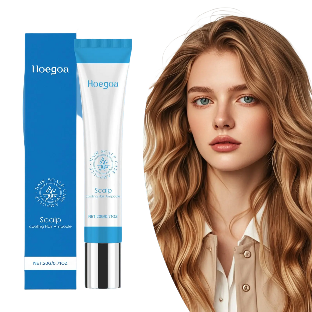 Hoegoa scalp cooling hair ampoule vitamin b5 repairing essence in a sleek white and blue tube with silver cap