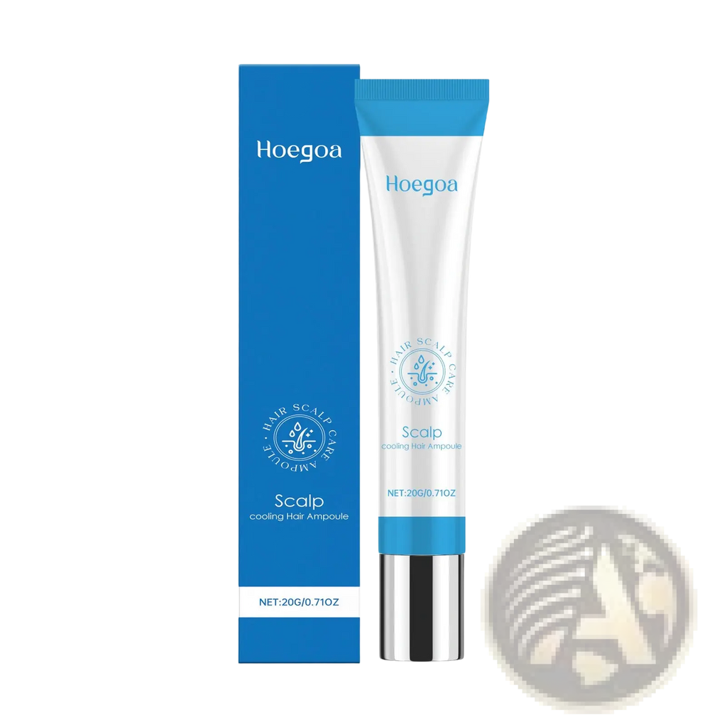 Hoe goa brand scalp cooling hair ampoule vitamin B5 repairing essence in a white tube with blue accents and silver cap next to blue box