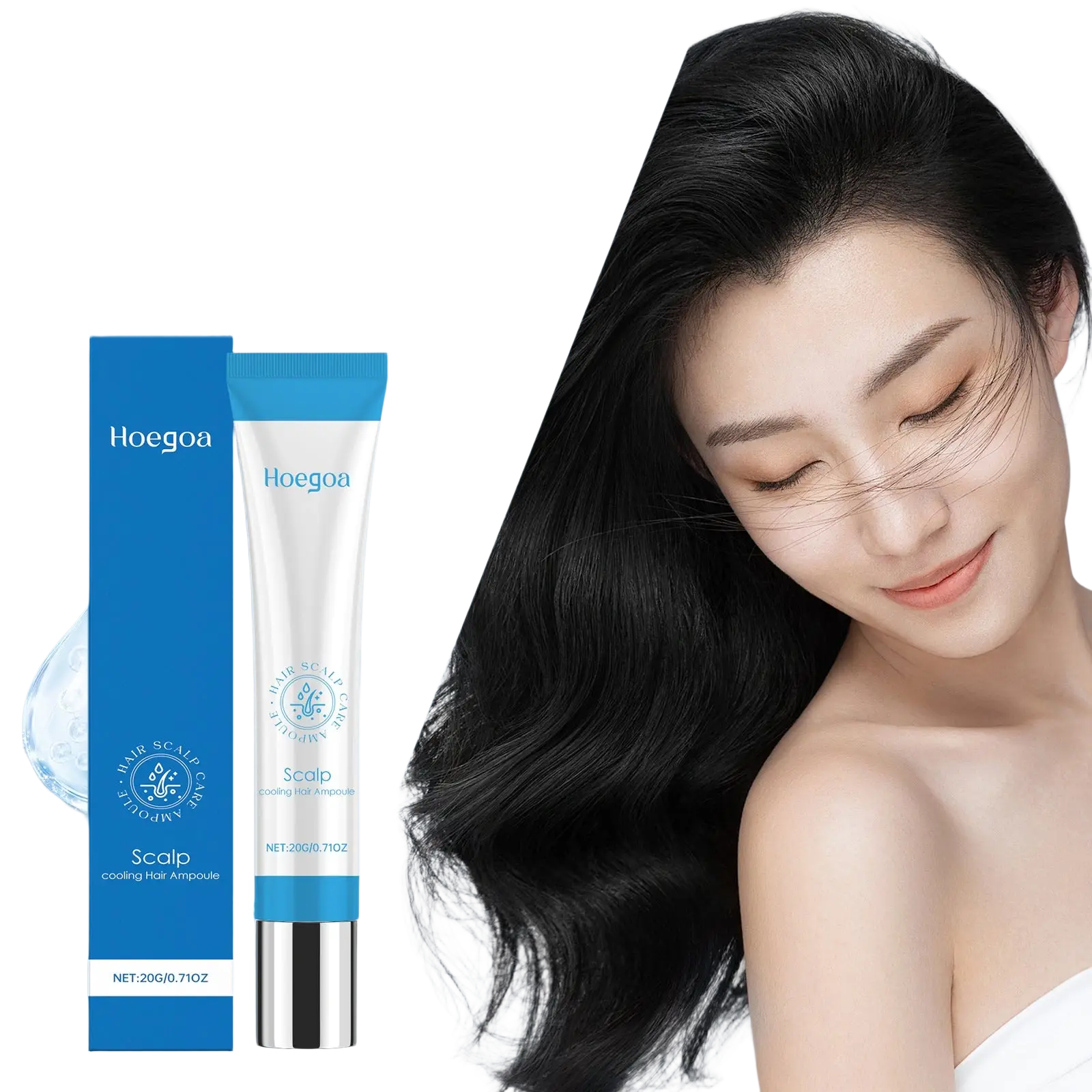 Hoegoa scalp cooling hair ampoule in a white and blue tube with silver cap vitamin B5 repairing essence