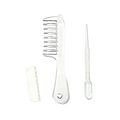 Clear plastic scalp massage applicator brush with metallic teeth heart cutout white case and essential oil dropper