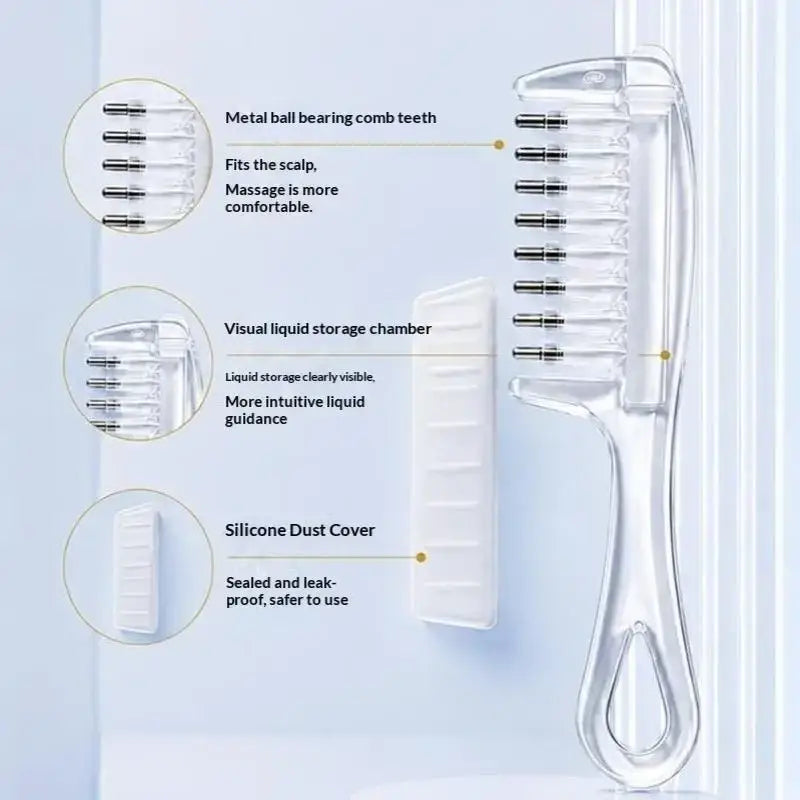 Transparent plastic scalp massage applicator brush with metal ball bearings and white silicone dust cover for essential oil use