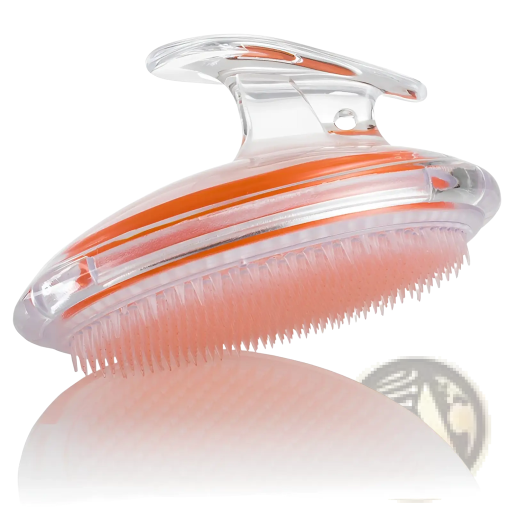 Scalp massage brush exfoliating hair meridian comb with transparent plastic body orange accents and soft pink bristles