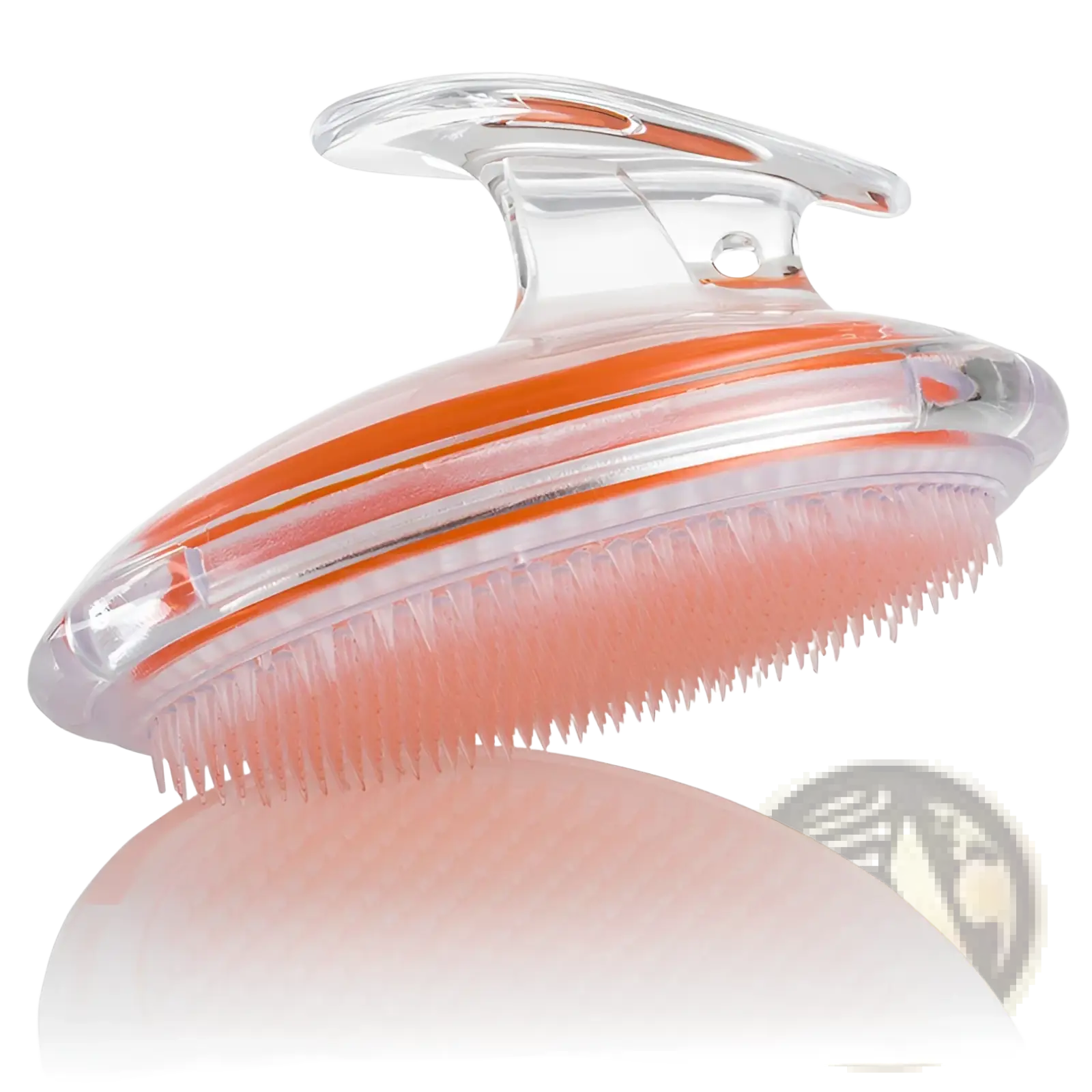 Scalp massage brush exfoliating hair meridian comb with transparent plastic body orange accents and soft pink bristles