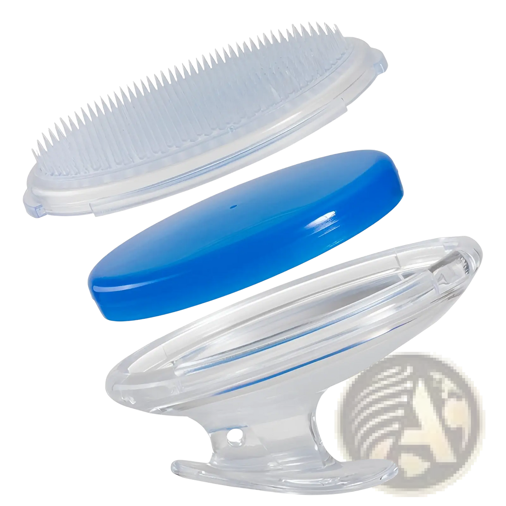 Scalp massage brush with clear plastic body blue lid and white bristle head designed for exfoliating hair and meridian combing