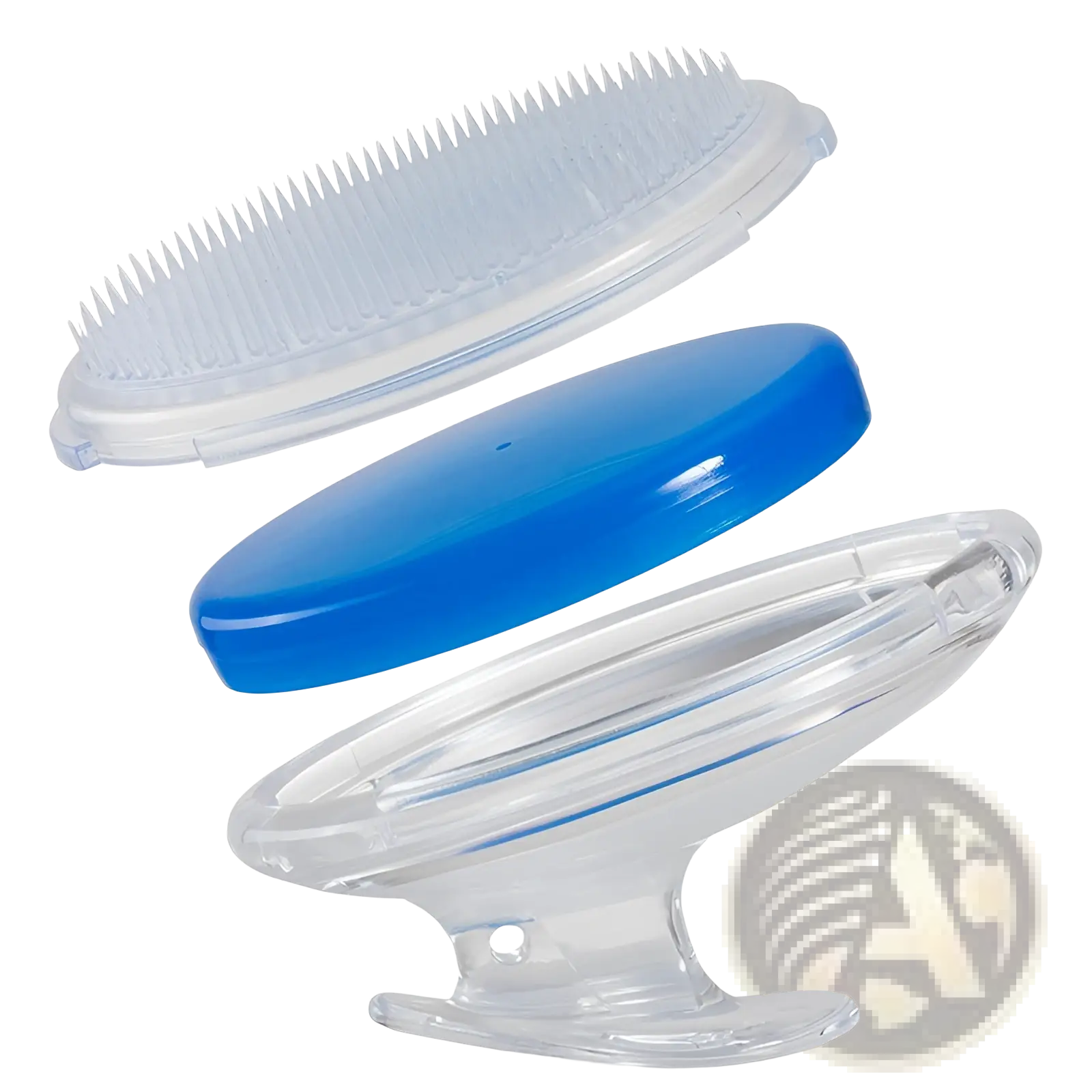 Scalp massage brush with clear plastic body blue lid and white bristle head designed for exfoliating hair and meridian combing