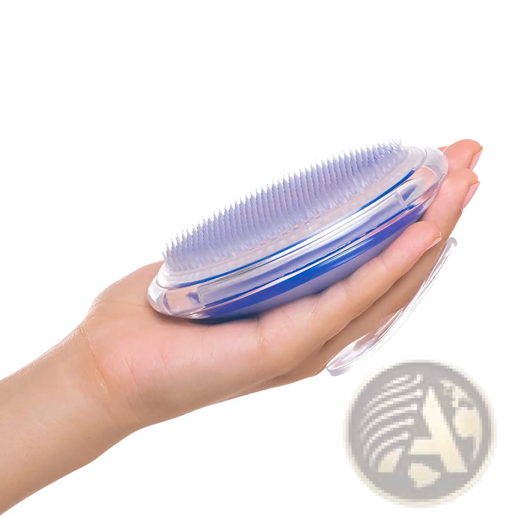 Scalp massage brush with transparent plastic body blue accents and dense soft light blue bristles for exfoliating hair