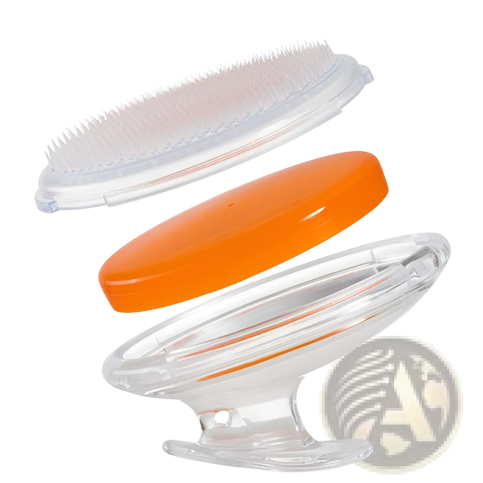 Transparent plastic scalp massage brush with orange lid and white bristles designed for exfoliating hair care