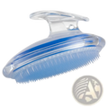 Blue plastic scalp massage brush with clear handle and curved bristles for exfoliating hair and meridian stimulation