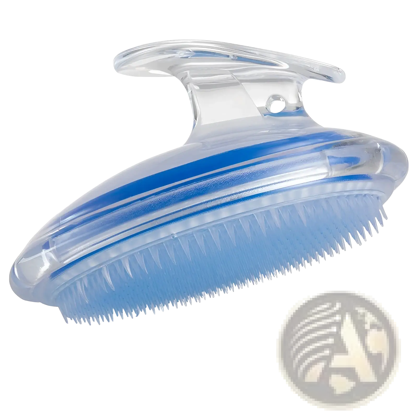 Blue plastic scalp massage brush with clear handle and curved bristles for exfoliating hair and meridian stimulation