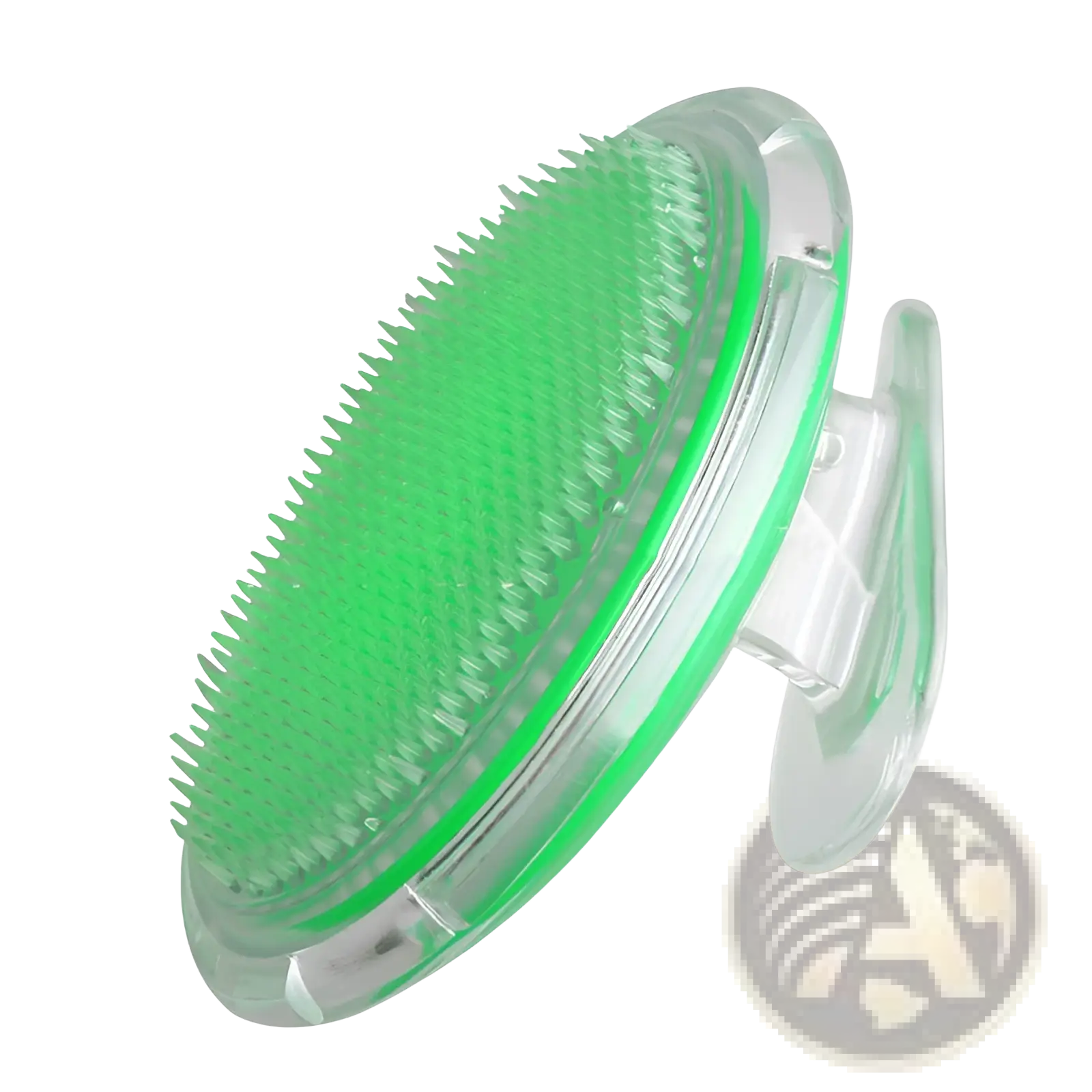 Green silicone scalp massage brush with clear plastic handle and clip for exfoliating and hair meridian comb use