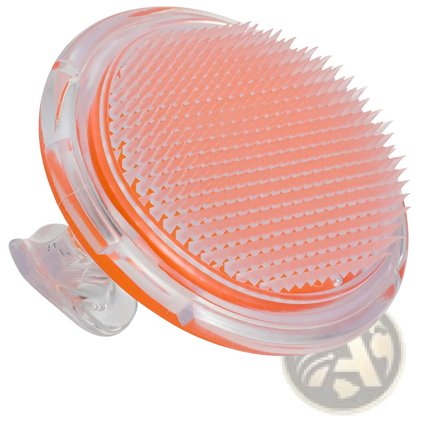 Scalp massage brush with transparent orange and clear plastic body and soft silicone bristles for exfoliating hair