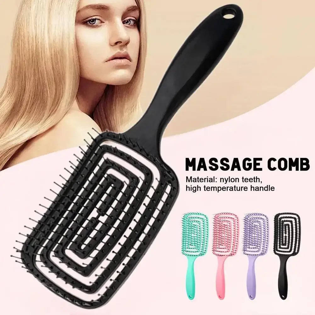 Black scalp massage styling brush with nylon teeth and ergonomic high-temperature handle for gentle scalp stimulation