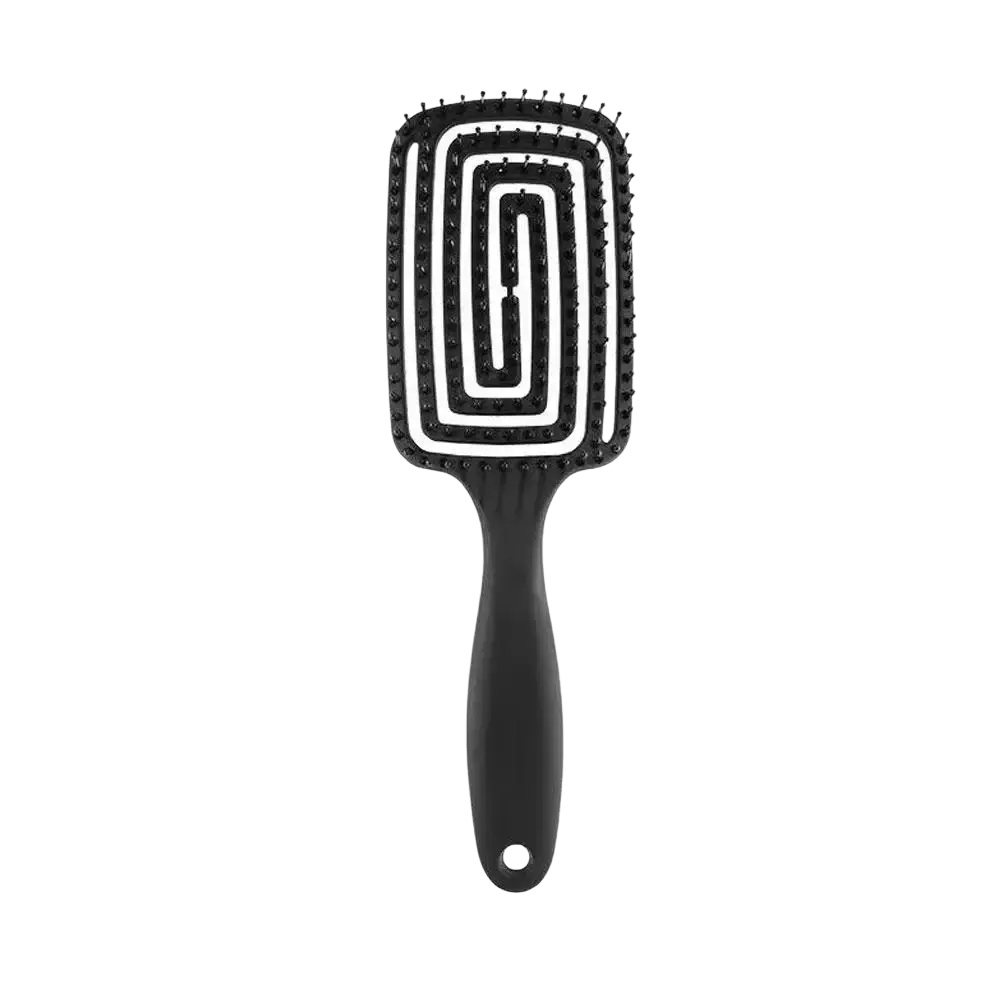 Black plastic scalp massage styling brush with curved vent and white spiral pattern on bristle head for hair care