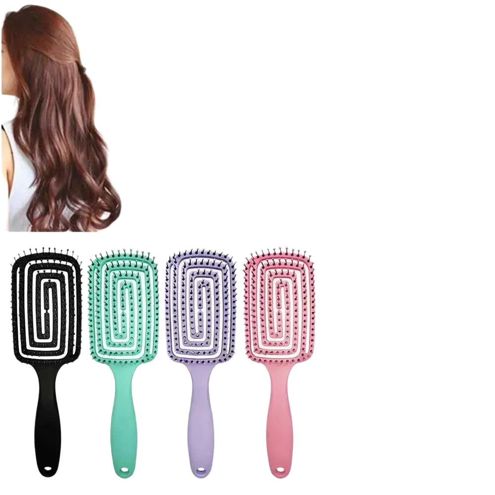Set of four scalp massage styling brushes in black mint green lavender purple and pink with soft spiral bristles