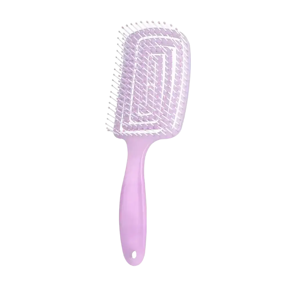 Lavender plastic scalp massage styling brush with curved bristles and ergonomic handle for effective detangling