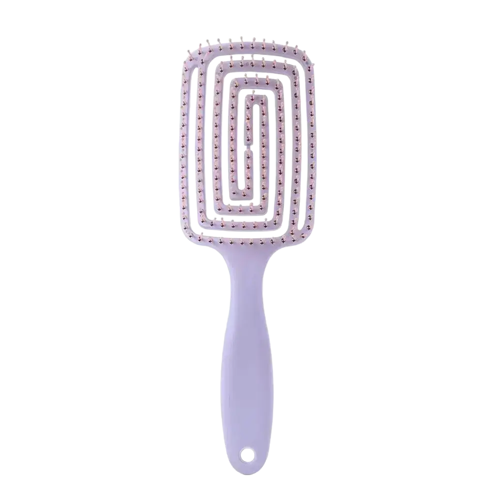 Lavender-colored plastic scalp massage styling brush with curved vent and spiral rounded bristles for hair care