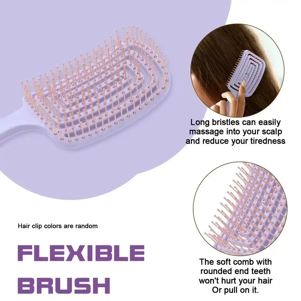 Lavender scalp massage styling brush with soft rounded bristles for gentle detangling and curved vent design