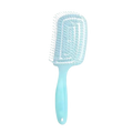 Light blue plastic scalp massage styling brush with ergonomic handle and densely packed bristles in grid pattern