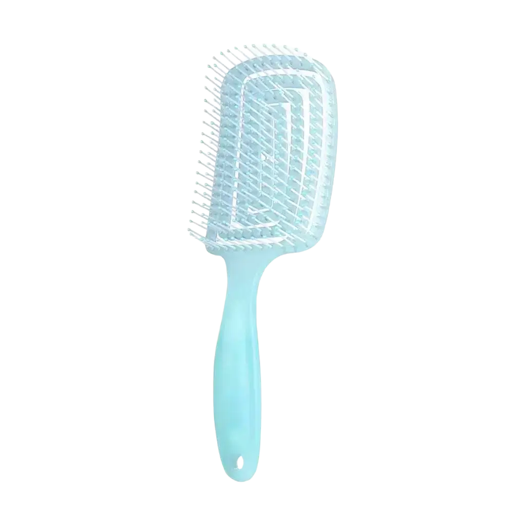 Light blue plastic scalp massage styling brush with ergonomic handle and densely packed bristles in grid pattern