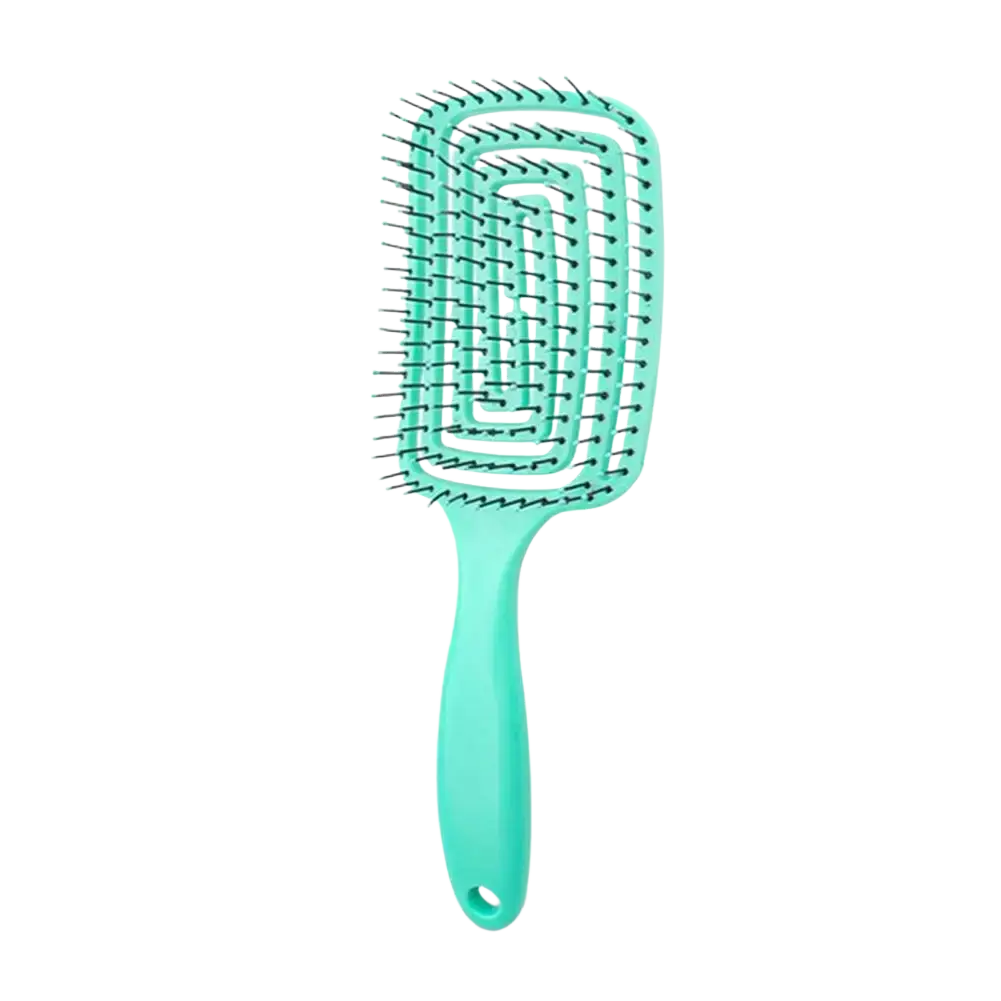 A mint green plastic scalp massage styling brush with rectangular vented head and black bristles for hair care