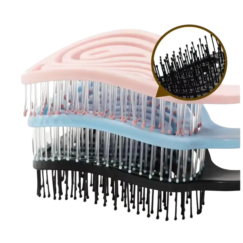Scalp massage styling brush with pink light blue and black multi-tiered flexible bristles for curved vent hair care