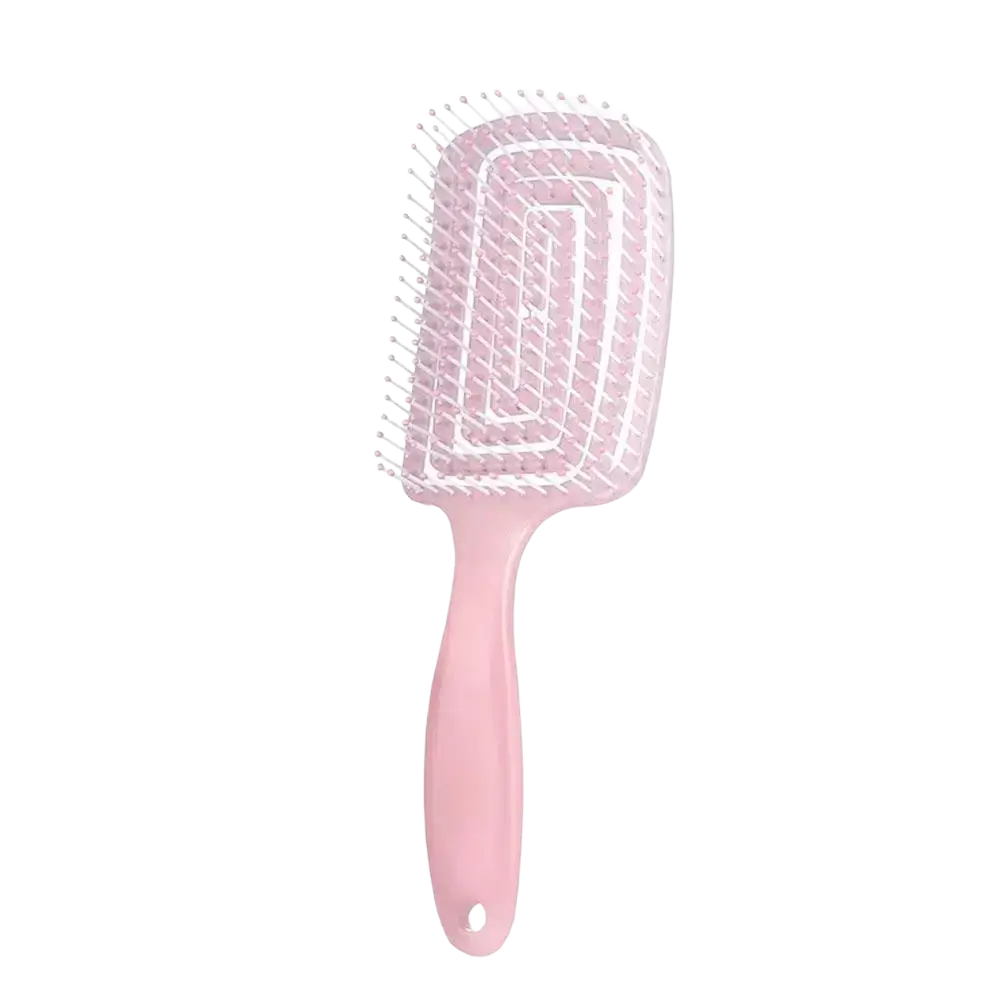 Pink plastic scalp massage styling brush with rectangular head and white concentric square bristles for hair care