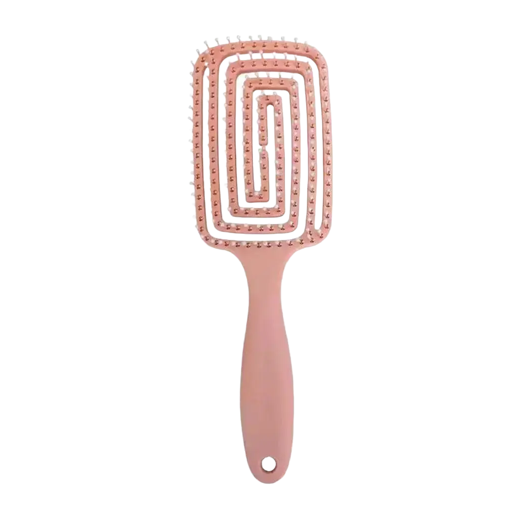 Pink rectangular scalp massage styling brush with sleek modern design and soft bristles for gentle detangling