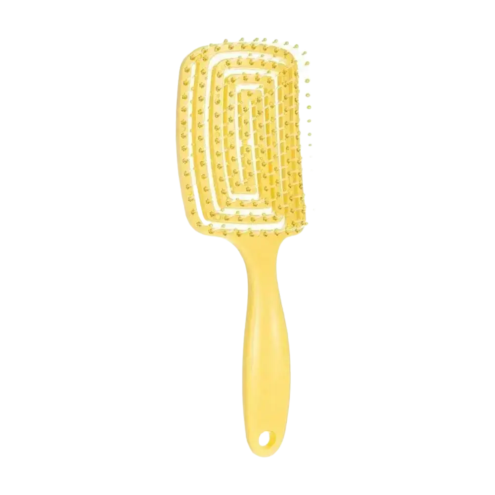 Yellow plastic scalp massage styling brush with rectangular head and concentric rounded bristles for hair care