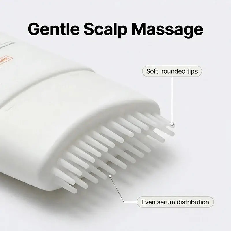 White plastic scalp treatment serum brush with soft rounded bristles for gentle massage and even serum distribution