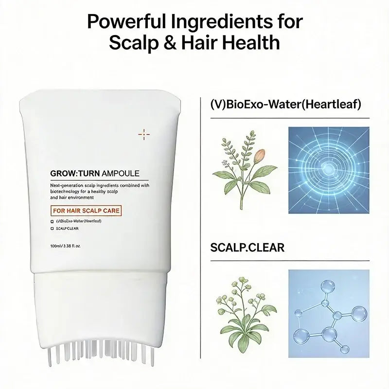 White plastic tube of grow turn scalp treatment serum with built-in brush applicator for targeted scalp care