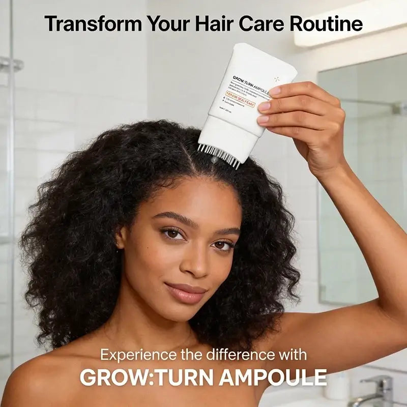 White tube of grow turn ampoule hair growth scalp treatment serum with built-in brush applicator for easy use