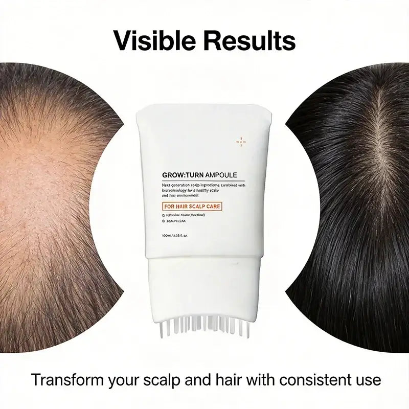 White tube of grow.turn scalp treatment serum with built-in brush applicator for targeted scalp care