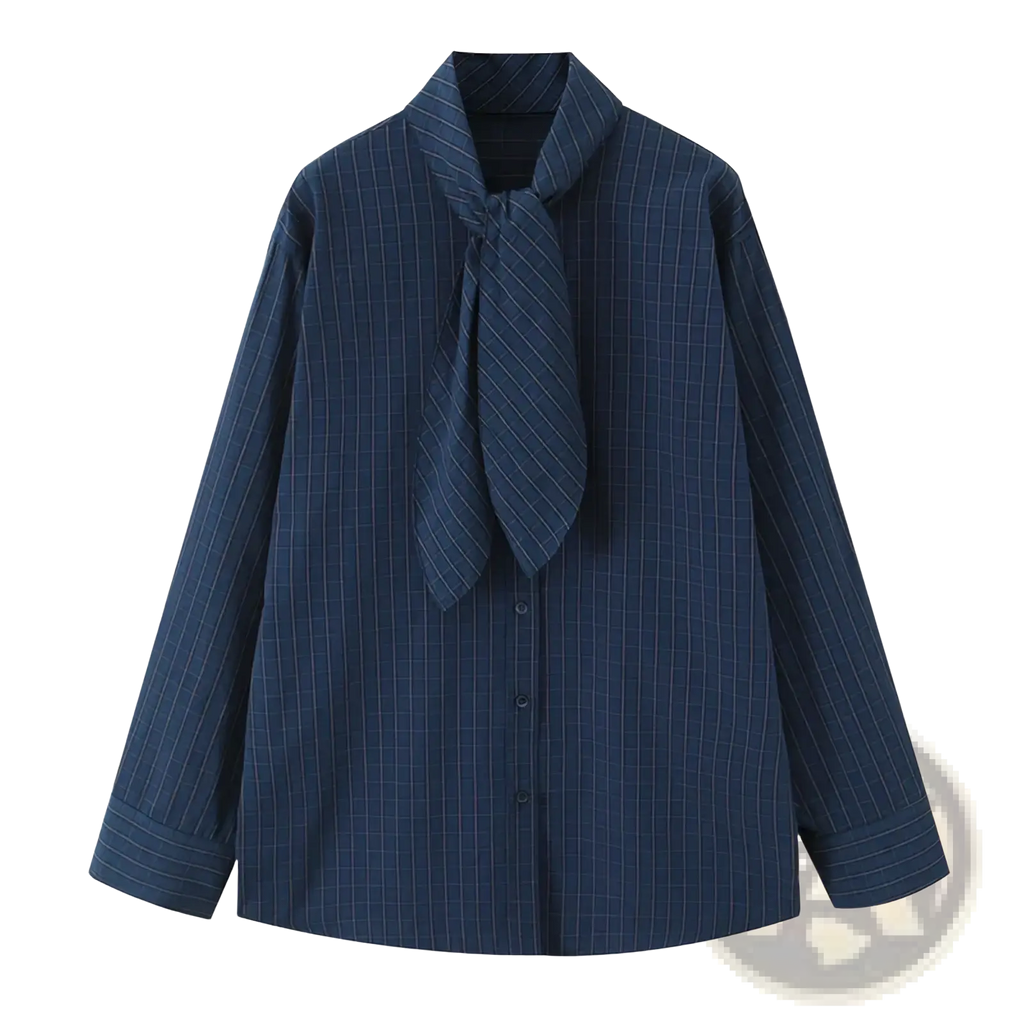 Navy blue pinstripe long sleeve blouse with tied neck scarf detail in a scarf collar plaid shirt for women