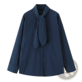 Navy blue pinstripe long sleeve blouse with tied neck scarf detail in a scarf collar plaid shirt for women