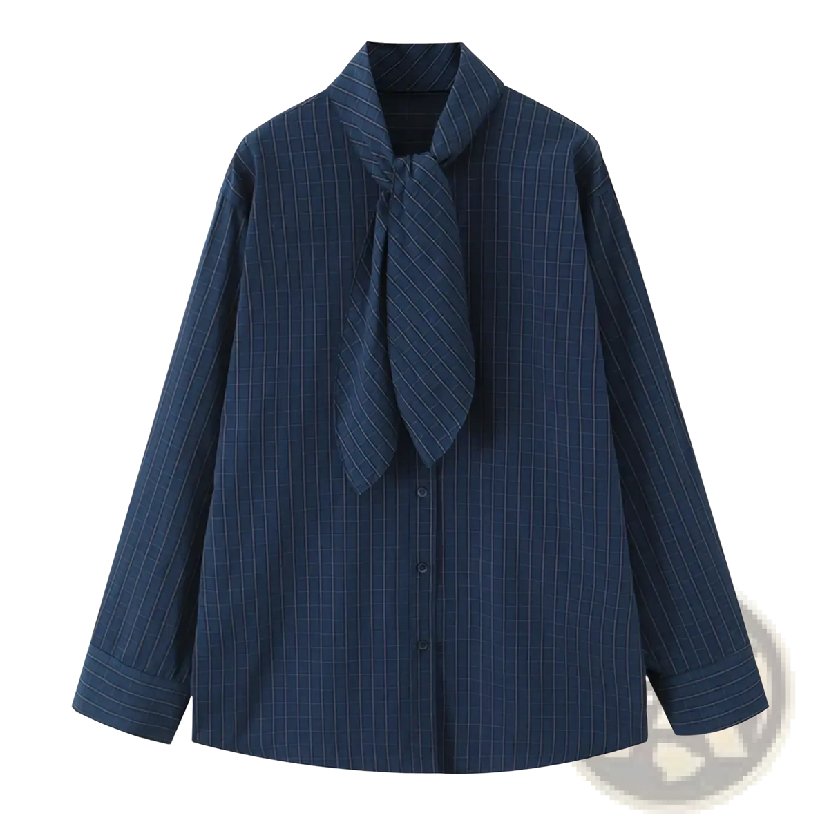 Navy blue pinstripe long sleeve blouse with tied neck scarf detail in a scarf collar plaid shirt for women