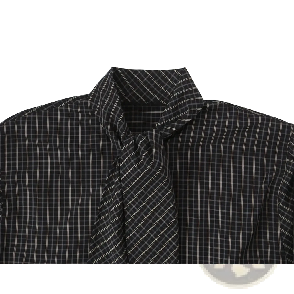 Scarf collar plaid shirt for women in black and white with button-up front and neatly tied collar detail