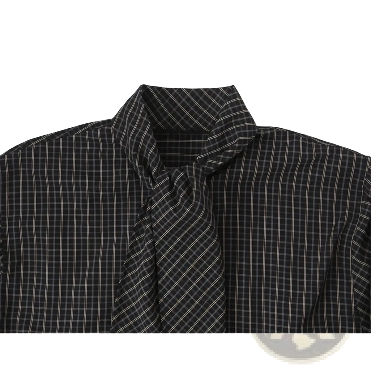 Scarf collar plaid shirt for women in black and white with button-up front and neatly tied collar detail