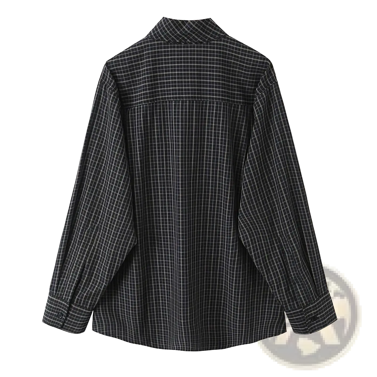 Black and white plaid long-sleeved shirt with scarf collar for women featuring a comfortable cotton blend material