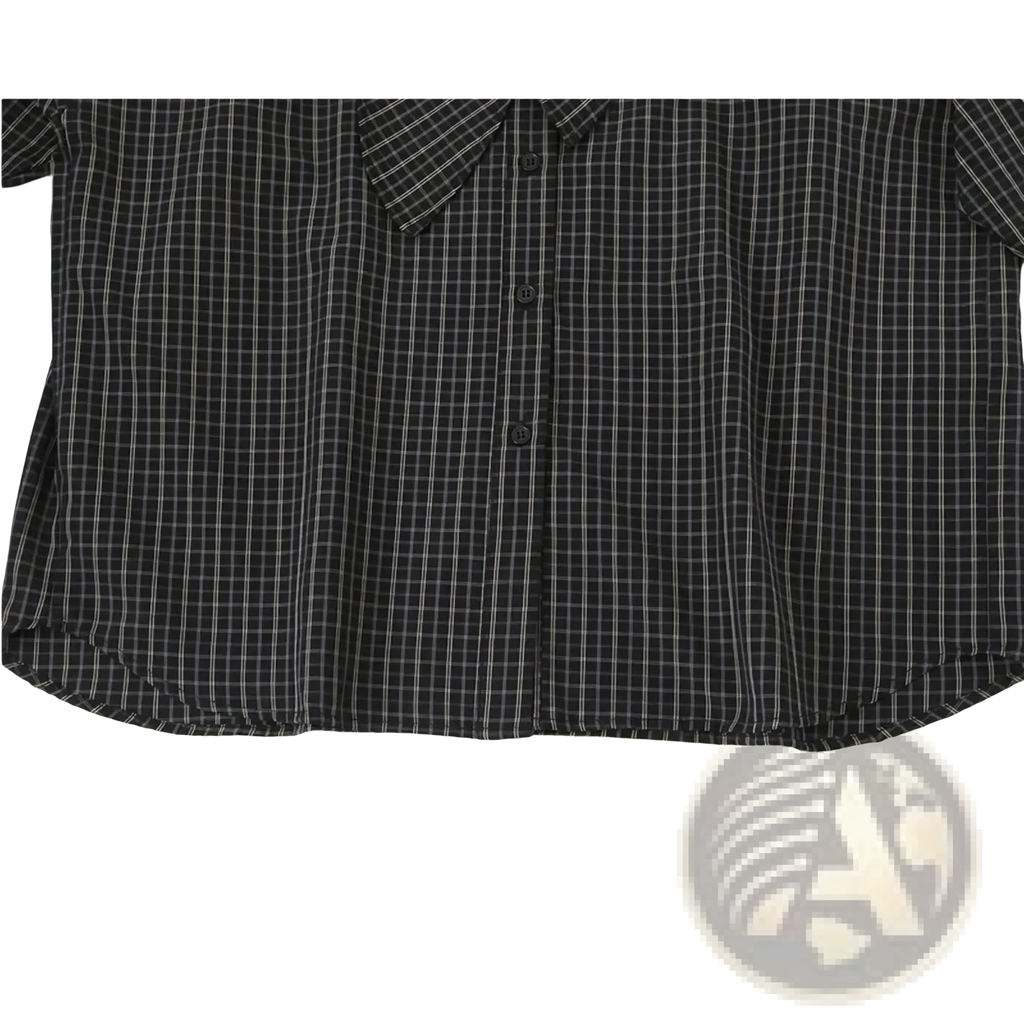 Black and white plaid short-sleeved button-up shirt with classic collar for women in a scarf collar style
