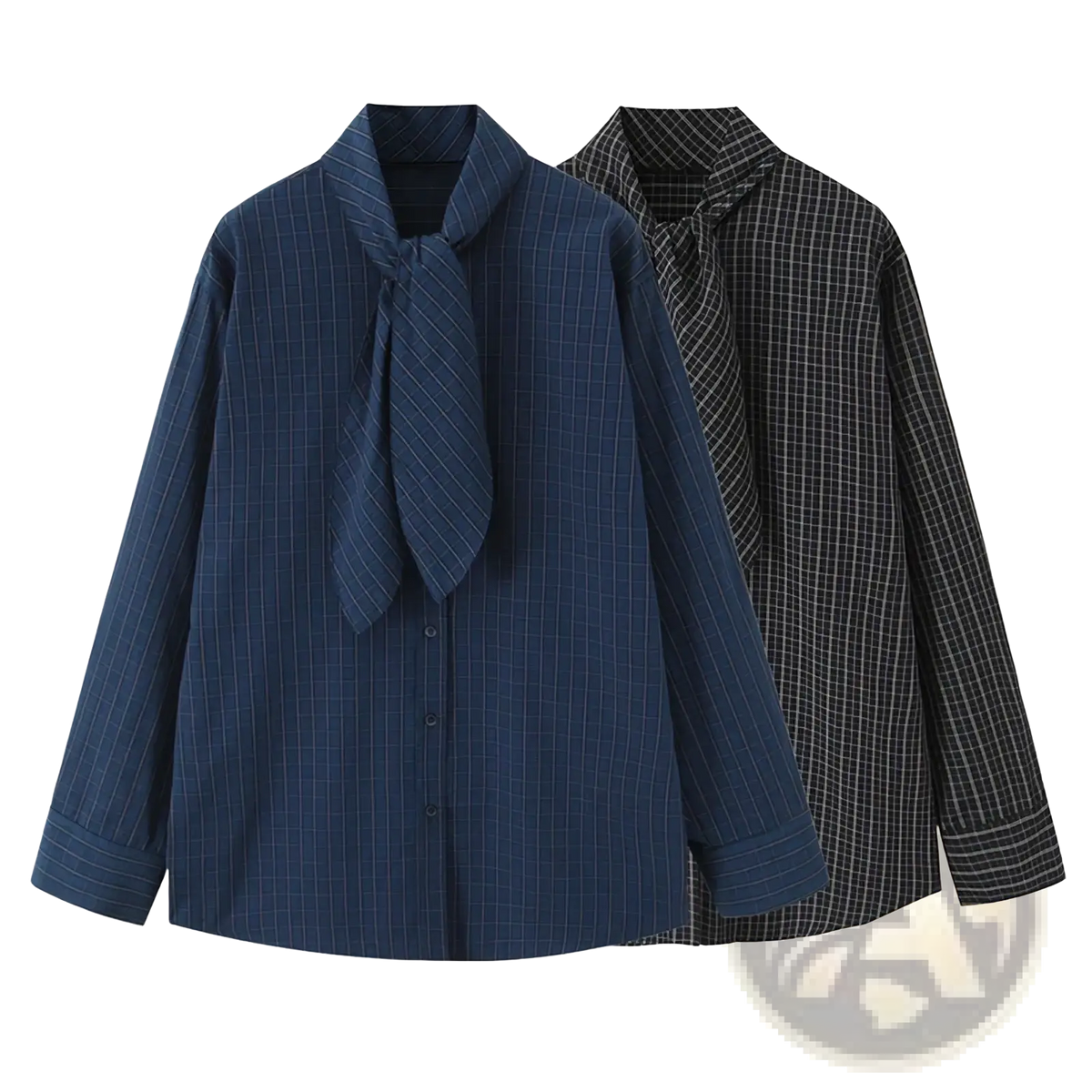 Blue pinstripe long-sleeved blouse with tied necktie detail styled as a scarf collar plaid shirt for women